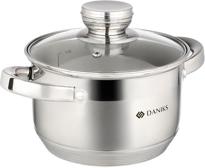 Daniks Standard 2 Quart Stainless Steel Stock Pot with Glass Lid, Tri-Ply Bottom for Even Heating, Induction Compatible, Dishwasher Safe, Built-In Measuring Scale, Silver