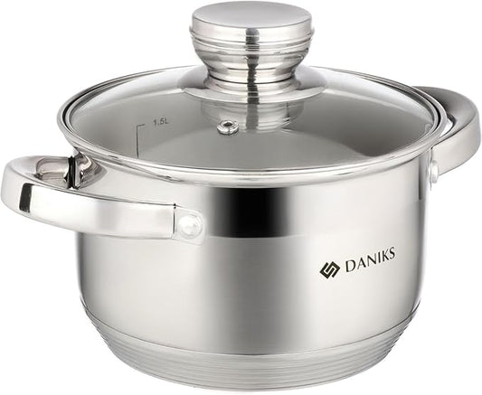 Daniks Standard 2 Quart Stainless Steel Stock Pot with Glass Lid, Tri-Ply Bottom for Even Heating, Induction Compatible, Dishwasher Safe, Built-In Measuring Scale, Silver