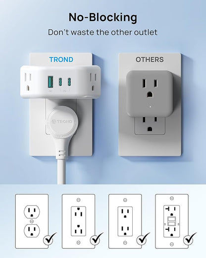 TROND Outlet Extender with 360 Rotating Plug, 2 AC Outlet Splitter with PD 20W USB C, 3-Side Design Wall Plug Adapter, for Bathroom Kitchen Cruise Ship Travel Essentials, White