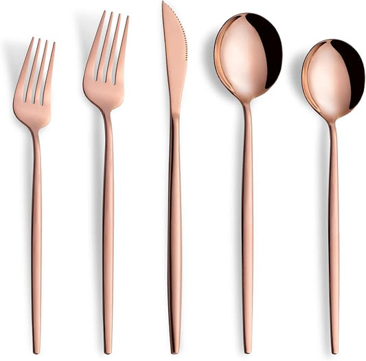 20 Piece Copper Silverware Set,Stainless Steel Flatware Cutlery Set Service for 4 Including Forks Spoons Knives,Kitchen Utensil Set,Tableware for Home and Restaurant, Dishwasher Safe