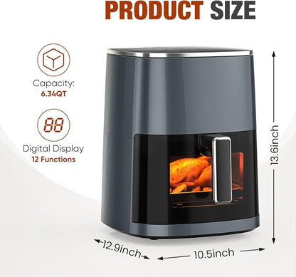 NEWBULIG Air Fryer 6.34 Quarts, Airfryer with Visual Window, 400℉ Fast Heating Air Fryers Oven with Timer, Auto-Off, Non Toxic & Non Stick, Multiple 12 Modes for Roast, Bake, Dehydrate, Fry, Reheat
