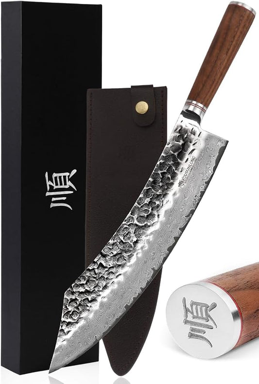 YOUSUNLONG Butcher Knife 12 inch Max Breaking Cimitar Knife - Japanese Hammer Damascus Steel - Natural Walnut Handle with Leather Sheath
