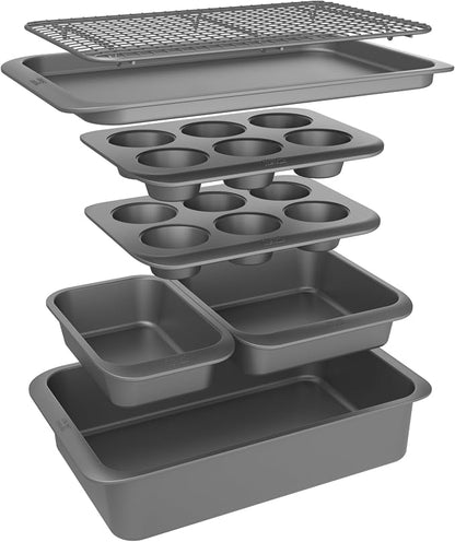 Chicago Metallic 7-Piece Nonstick Bakeware Nesting Set - Carbon Steel Baking Sheet, Loaf Pan, Muffin Pan, Cake Pan, Roaster and Cooling Rack