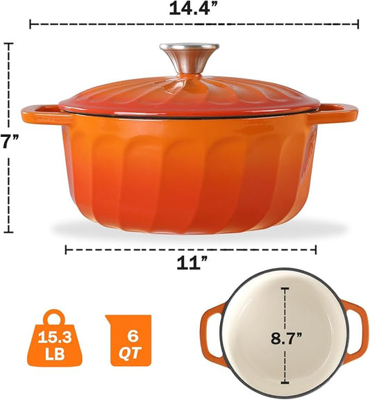 Enameled Cast Iron Dutch Oven with Lid, 6 QT Cast Iron Dutch Oven Pot, Dual Handles for Bread Baking, Cook, Bake, Oven Safe across All Cooktops (Orange, 6 QT)