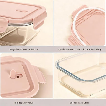 Glass Food Storage Containers with Lids, Airtight Meal Prep Containers, 4 Pack Set with Multiple Sizes (Pink)