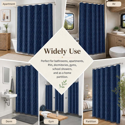 OVZME Extra Long Navy Blue Shower Curtain 84 Inch Long, Puff Printed Textured Shower Curtain with Tassels, Tall Farmhouse Geometry Bathroom Curtain, Water Resistant Fabric, 72Wx84L Inches