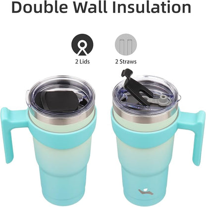 Konokyo 20 oz Tumbler with Handle and 2 Straw 2 Lid, Insulated Water Bottle Stainless Steel Vacuum Cup Reusable Travel Mug, Mint