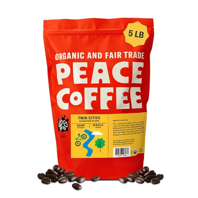 Peace Coffee Twin Cities Signature Blend Dark Roast Whole Bean Coffee, 5 lb, Organic Fair Trade, Nutty, Bold Flavor, Shade Grown, Fresh Roasted