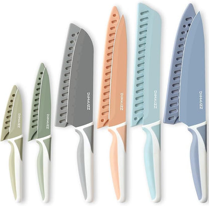DiiHAUZZ Knife Set, 12 Pieces Kitchen Knives Set with Healthy Non-Stick Coating, Dishwasher Safe Anti-Rust Stainless Steel Knives with 6 Blade Guards, Ergonomic Handles, Ideal Gift Set
