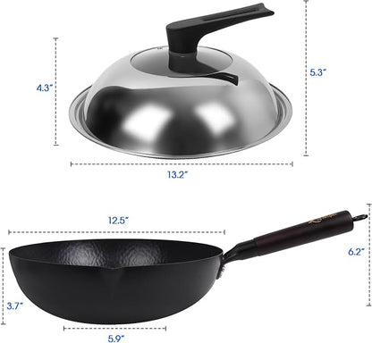 Souped Up Recipes 12.5 Inch Carbon Steel Wok For Electric, Induction and Gas Stoves (Lid, Spatula and User Guide Video Included)
