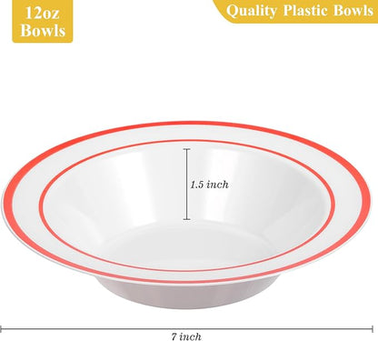 Goodluck 100 Pack Plastic Bowls with Red Rim, 12oz Disposable Soup Bowls, Heavy Duty Dessert Bowls for Weddings, Parties, Valentine's Day Dinners, Catering, Thanksgiving and Everyday Use