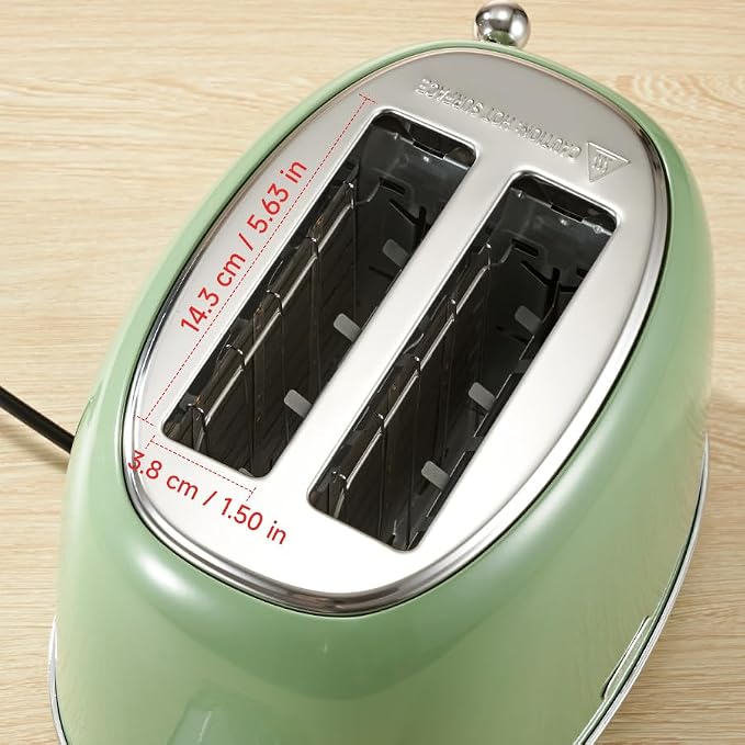 Wiltal Toaster Retro 2 Slice, Vintage Green Toaster with Lid, with Bread Attachment, Preheat, Defrost And Cancel Functions, 6 Browning Levels (Green)