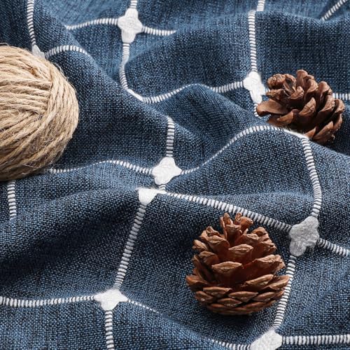 Boho Farmhouse Classic Plaid Linen Tassel Shower Curtain Navy Blue,72x78
