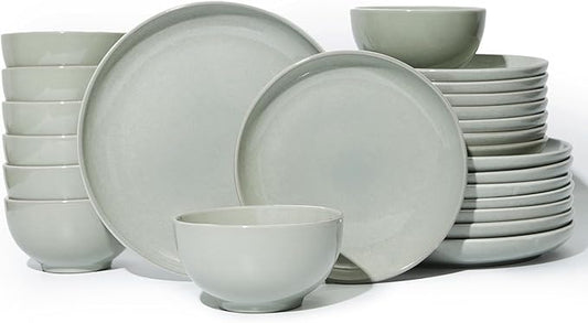 Pokini 24 Piece Dinnerware Set for 8, Santorini Mist Terracotta Plates and Bowls Sets, Complete Stoneware Dish Set for Large Families and Entertaining, Microwave & Dishwasher Safe, Slate Green