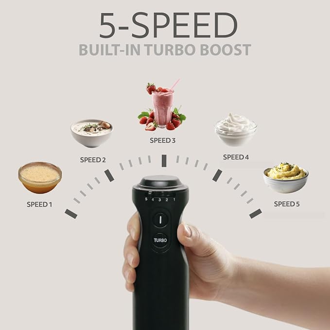 WILLOW Eco Series 5 Speed Immersion Blender Handheld, Powerful yet Quiet 500 Watt Electric Stick Blender with Turbo Mode & Removable Base, Hand Blender for Soup, Smoothie, 304 Stainless Steel - BLACK