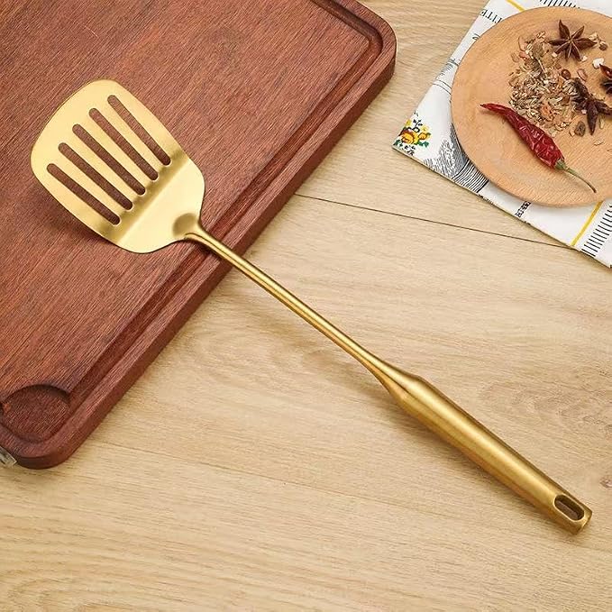 Premium 7-Piece Gold Kitchen Utensil Set with Stand, Stainless Steel Cooking Tools- Dishwasher Safe Ladle, Spoon, Spatula, Pasta Fork, Luxury Brass Kitchen Accessories for Home Chefs (Gold)