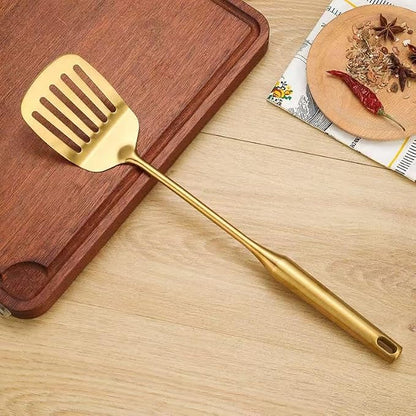 Premium 7-Piece Gold Kitchen Utensil Set with Stand, Stainless Steel Cooking Tools- Dishwasher Safe Ladle, Spoon, Spatula, Pasta Fork, Luxury Brass Kitchen Accessories for Home Chefs (Gold)
