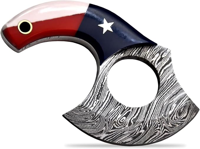 Custom Damascus Steel Ulu Knife Traditional Alaskan Ulu Multi-Purpose Pizza Cutter,Vegetable Chopping, Boning Slicing Cutting Texas Flag Resin Handle Leather Sheath (SUB-02)