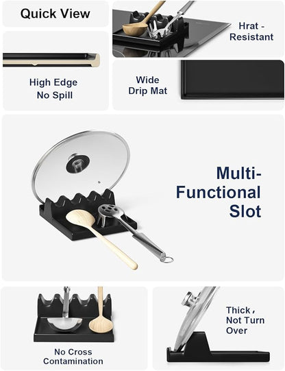 LE TAUCI Ceramic Spoon Rest with Lid Holder for Stove Top, Multi-Utensil Spoon and Pot Lid Rest for Kitchen Counter, 6.2" Heavy Duty Spatula Ladle Holder with Drip Pad, Kitchen Gadgets, Black