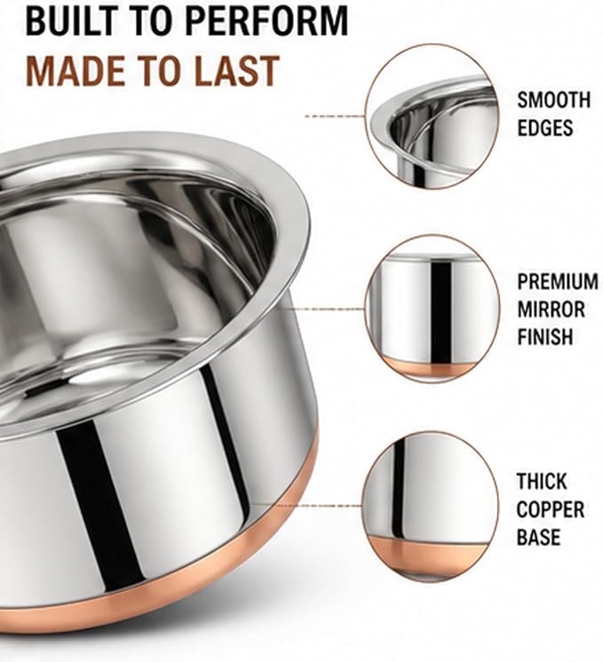 CRAFTONE Stainless Steel Copper bottom Tope Set with Lid, Cookware Set of 3 Pcs Gas Stove Friendly multi purpose Container Pot Set (60 Oz, 47 Oz and 33 Oz)