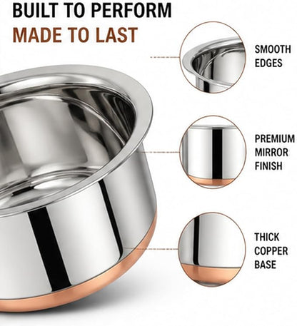 CRAFTONE Stainless Steel Copper bottom Tope Set with Lid, Cookware Set of 3 Pcs Gas Stove Friendly multi purpose Container Pot Set (60 Oz, 47 Oz and 33 Oz)