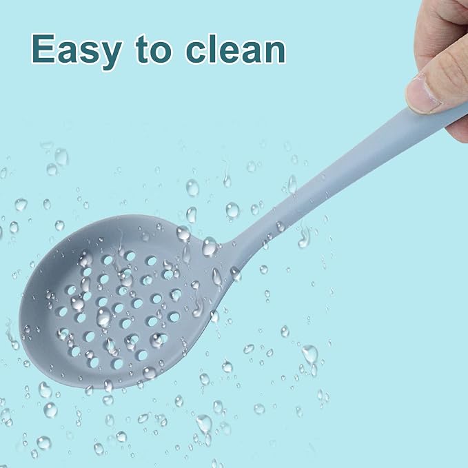 Hordion 1 Pcs Silicone Slotted Spoon, Grey Strainer Spoon Non Stick Silicone Skimmer Heat Resistant Cooking Spoon
