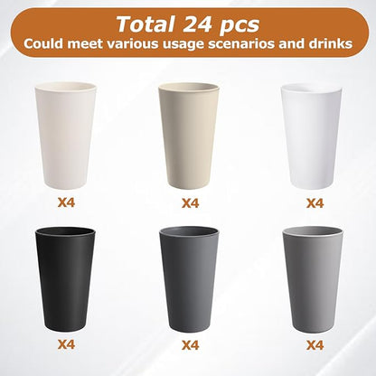 24 Pcs Unbreakable Plastic Cups Set, 20 oz Reusable Plastic Cups, Stackable Water Tumblers, Drinking Cup for Kitchen, Outdoor, BPA-free, Dishwasher Refrigerator and Microwave Safe (20 oz, 6 Colors)