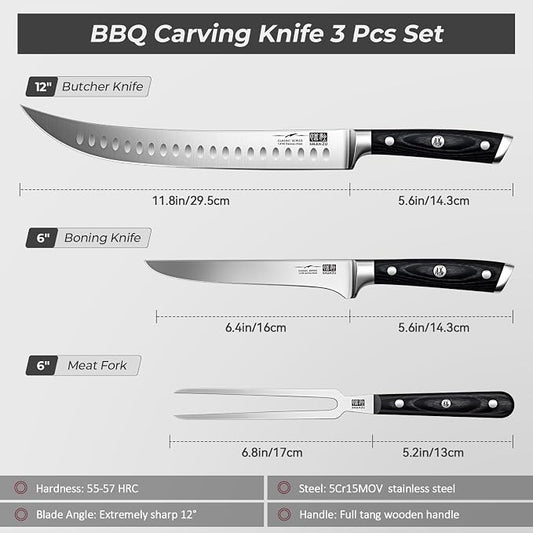 SHAN ZU 3Pcs BBQ Carving Knife Set with Sheath – for Turkey, Meat, BBQ, Brisket, Razor Sharp Slicing Knife, Professional 5Cr15MoV Stainless Steel, Ergonomic Full Tang Wood Handle, Gift Box Included