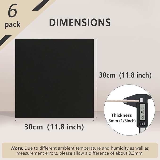 6 Pack Colored MDF Boards for Laser Engraving, 12x12x1/8 (3mm) Unfinished Fiberboard for Laser Cutting, DIY Craft Projects, Home Decor, Sign Making, Woodworking (Black)