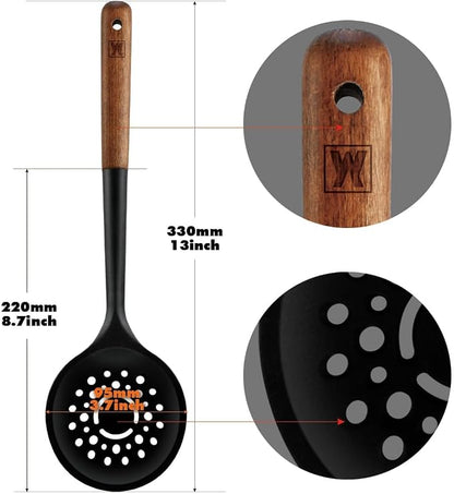 WAGENSTEIGER Set of 2pc Silicone Cooking Utensils: Wooden Handle Slotted Spatula + Cooking Skimmer, Heat Resistant Cooking Utensil, BPA Free, Safe Material for All Cooking Surfaces, Non-Slip Grip
