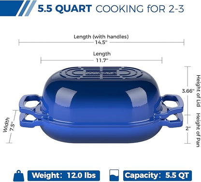 Enameled Cast Iron Dutch Oven Pot with Lid, Wildone 5.5QT Bread Oven for Homemade Sourdough Bread Baking with Cotton Potholders, Oven Safe up to 500°F, Blue
