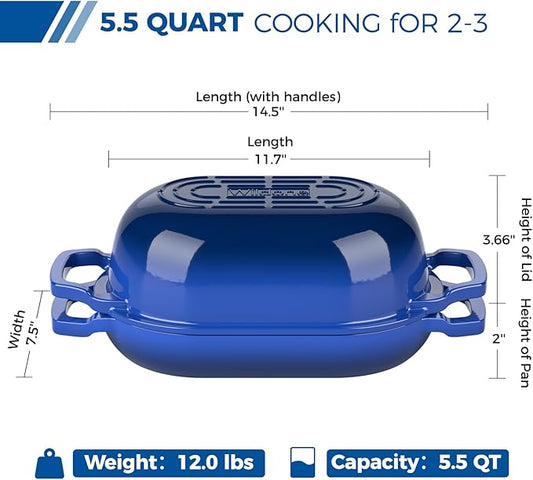 Enameled Cast Iron Dutch Oven Pot with Lid, Wildone 5.5QT Bread Oven for Homemade Sourdough Bread Baking with Cotton Potholders, Oven Safe up to 500°F, Blue