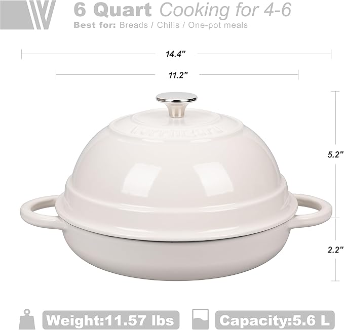 VORRINGARD Cast Iron Enameled Dutch Oven Pot with Lid for Bread Baking, Bread Oven, 6 Quart, White