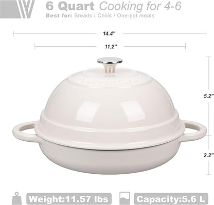 VORRINGARD Cast Iron Enameled Dutch Oven Pot with Lid for Bread Baking, Bread Oven, 6 Quart, White