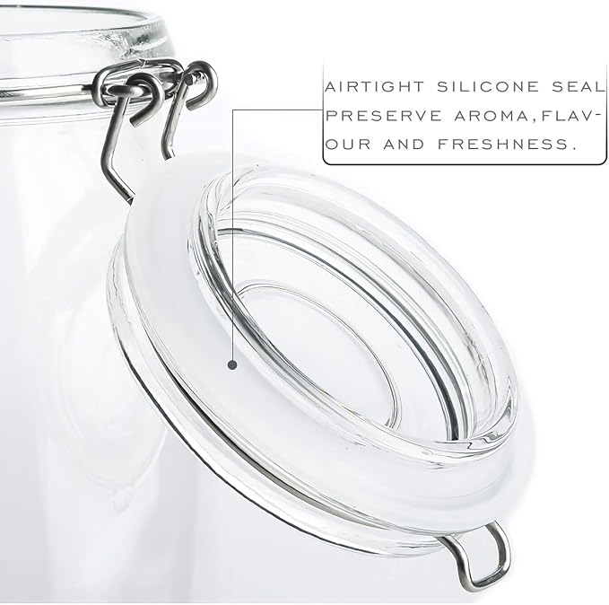 Kingrol 34 oz / 1000 ml Glass Storage Jars (Set of 4), Airtight Clamp Lid Canisters with Wide Mouth for Pantry Organization, Pickling, Fermentation & Dry Food Storage