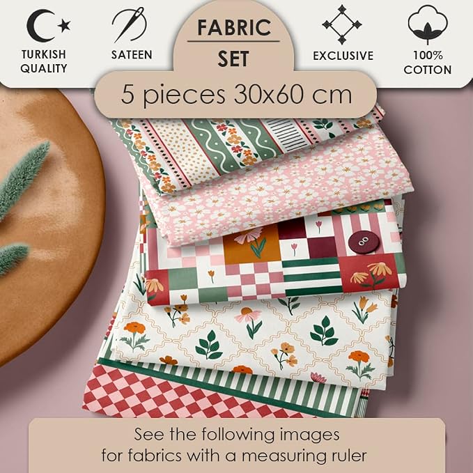 Cotton Patchwork Quilting Fabric Panel – 155×100 cm, 100% Cotton, Made in Türkiye (PRT_KUP 01-001) (Vintage Floral Patchwork, 5 pcs (23.6x11.8 inc))