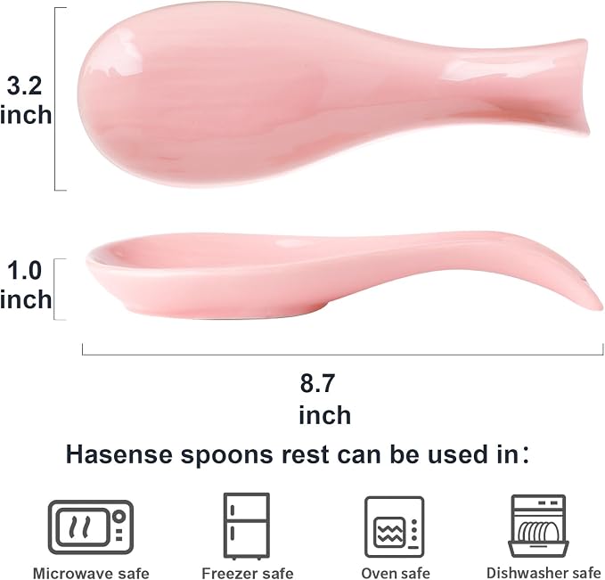 Hasense Spoon Rest for Stove Top, Large Ceramic Spoon Holder for Kitchen Counter Home and Coffee Bar, Cooking Utensil Rest for Spatula Ladle Spoon and Tong, Housewarming Gift, Pink