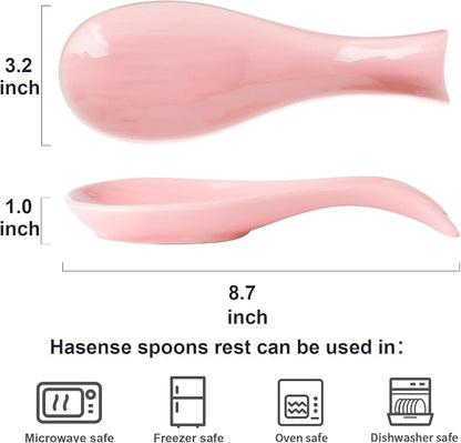 Hasense Spoon Rest for Stove Top, Large Ceramic Spoon Holder for Kitchen Counter Home and Coffee Bar, Cooking Utensil Rest for Spatula Ladle Spoon and Tong, Housewarming Gift, Pink