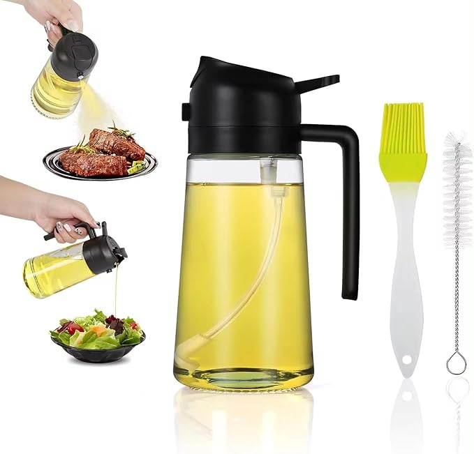 Olive Oil Sprayer for Cooking – Refillable Glass Cooking Spray Bottle, 2-in-1 Oil Dispenser Mister for Air Fryer, BBQ Grill, Frying, Baking & Salad – Non-Aerosol Food Grade Kitchen Gadget (Black)
