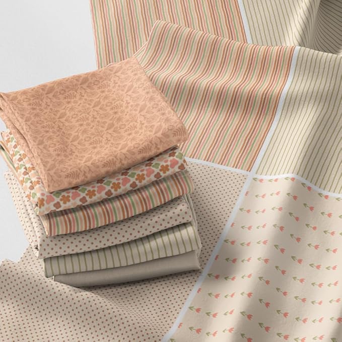 Pastel Patchwork Fabric Panel 100x155 cm – 100% Cotton Satin, 6 Coordinated Floral, Stripe & Dot Prints on One Continuous Sheet for Quilting, Sewing & DIY Crafts (Vintage Soft Mix, 6pcs 50x50cm)