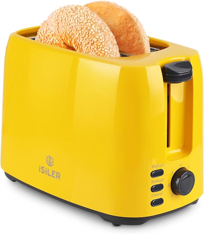 Yellow 2-Slice Toaster for Bread & Bagel, 7 Adjustable Browning Shades | 1.3in Extra Wide Slots, 750W Even Double-Side Toasting, Defrost Reheat Cancel Modes, Removable Crumb Tray & Cord Storage