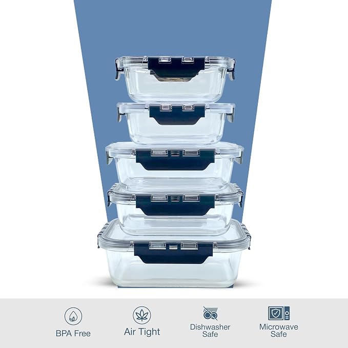 Glass Food Storage Containers with Lids, 5-Piece Set – Airtight, Leakproof, Oven & Freezer Safe, BPA-Free