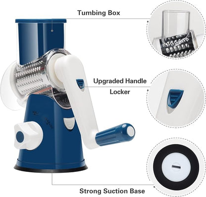 Cambom Rotary Cheese Grater Hand Crank Cheese Shredder for Fresh Cheese, Vegetable, Nuts,Non-slip Suction Base，Three Blades,Dark Blue