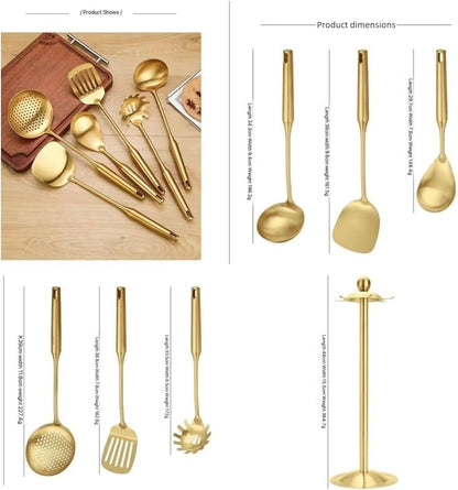 Premium 7-Piece Gold Kitchen Utensil Set with Stand, Stainless Steel Cooking Tools- Dishwasher Safe Ladle, Spoon, Spatula, Pasta Fork, Luxury Brass Kitchen Accessories for Home Chefs (Gold)