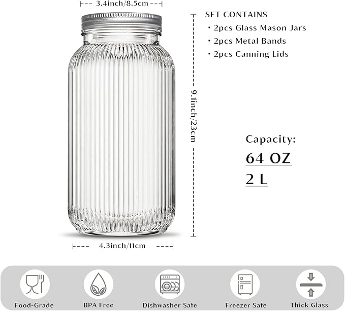 INSETLAN 64 oz Wide Mouth Glass Mason Jars, Set of 2, Ribbed Canning Jars for Sourdough Starter, Pickling, Fermentation, Sun Tea & Pantry Storage, Refrigerator Safe