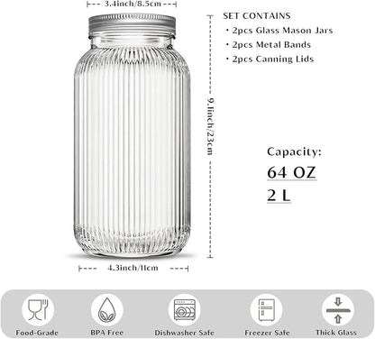 INSETLAN 64 oz Wide Mouth Glass Mason Jars, Set of 2, Ribbed Canning Jars for Sourdough Starter, Pickling, Fermentation, Sun Tea & Pantry Storage, Refrigerator Safe