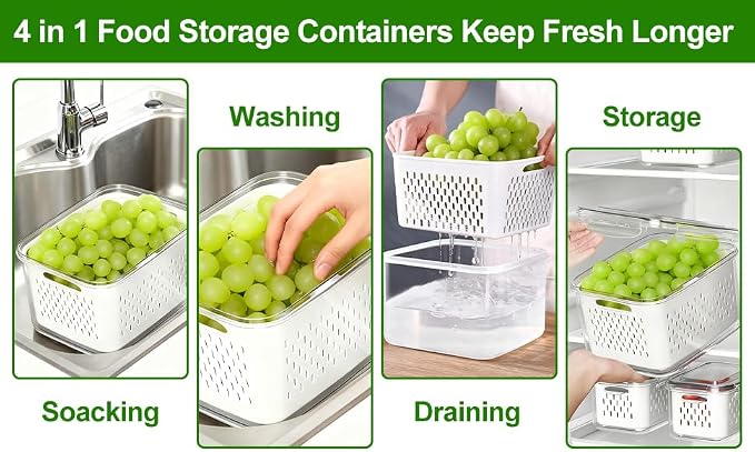 KUK 5 Pack Fruit Storage Containers for Fridge, Leakproof Food Containers with Removable Colander, Fruit Containers for Fridge BPA Free Produce Containers Keep Vegetables Berry Meat Fresh Longer (5)