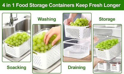 KUK 5 Pack Fruit Storage Containers for Fridge, Leakproof Food Containers with Removable Colander, Fruit Containers for Fridge BPA Free Produce Containers Keep Vegetables Berry Meat Fresh Longer (5)