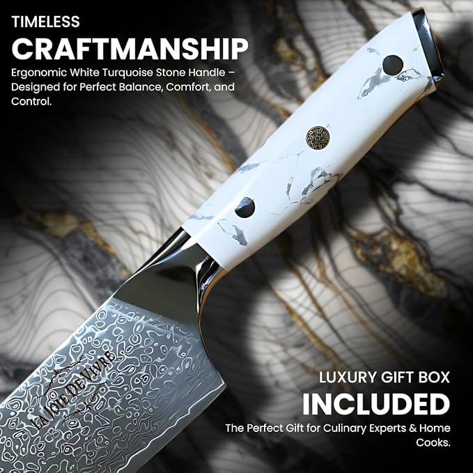 Damascus Chef Knife 8 Inch, 67-Layer VG-10 Japanese Steel Kitchen Knife, Razor Sharp Professional Chef Knife with White Turquoise Resin Handle & Premium Gift Box