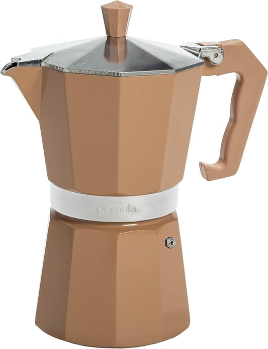 Primula Classic Moka Pot Stovetop Espresso and Coffee Maker, Italian and Cuban Cafetera for Rich Espresso Brewing, Durable Aluminum Greca Coffee Maker with Easy Grip Handle, 6-Cup, Caramel